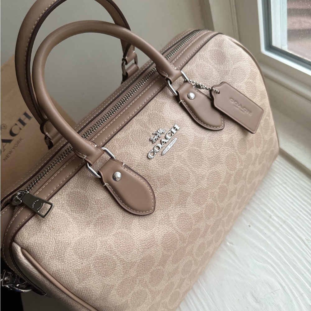 Coach Beige Signature Canvas Satchel with Tan Trim - Picture 4 of 15